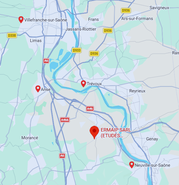 Carte de la zone d'intervention de l'entreprise ERMAIP : Nord de Lyon, Val de Saône